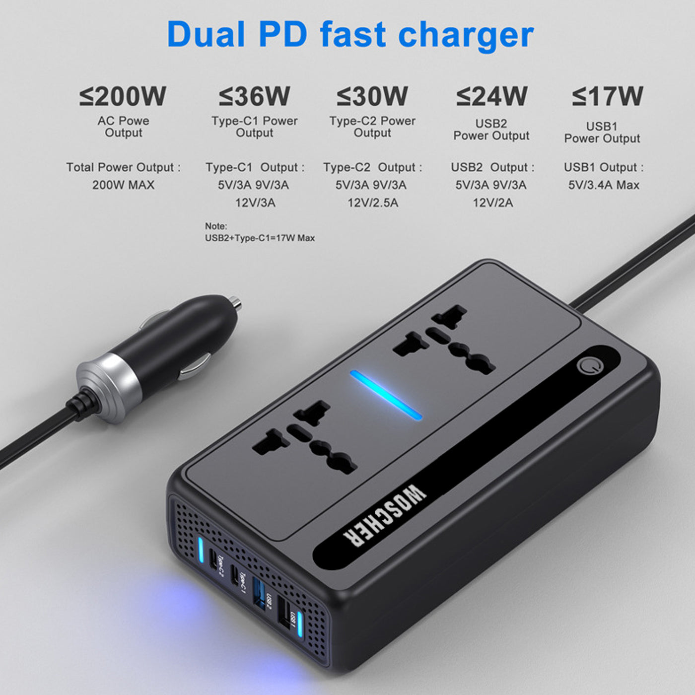 Woscher 200W Car Laptop Charger Power Inverter 2 USB (24W Max), 2 C Type (36W Max) & 2 AC Universal Socket (200W Max) DC 12V to 220V AC Car Charger Converter,Multiple Deice Use|18 Months Warranty