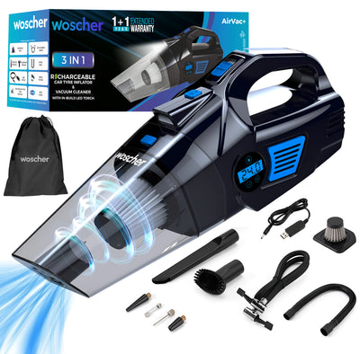 Woscher- 578M 3in1 USB Rechargeable Car Vacuum Cleaner Cordless,Tyre Inflator,150 PSI Digital Air Pump for Car Tyre|120 Watt Car Vacuum Cleaner High Power 6000PA |LED Light| Auto Shut Off