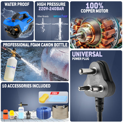 Woscher 969 High Pressure Washer 100% Copper Motor 240 Bars, 2400 Watts,10L/ Min Water Flow Rate, 8 Metres Outlet Hose, Portable for Car, Bike