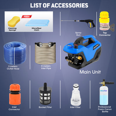 Woscher 969 High Pressure Washer 100% Copper Motor 240 Bars, 2400 Watts,10L/ Min Water Flow Rate, 8 Metres Outlet Hose, Portable for Car, Bike