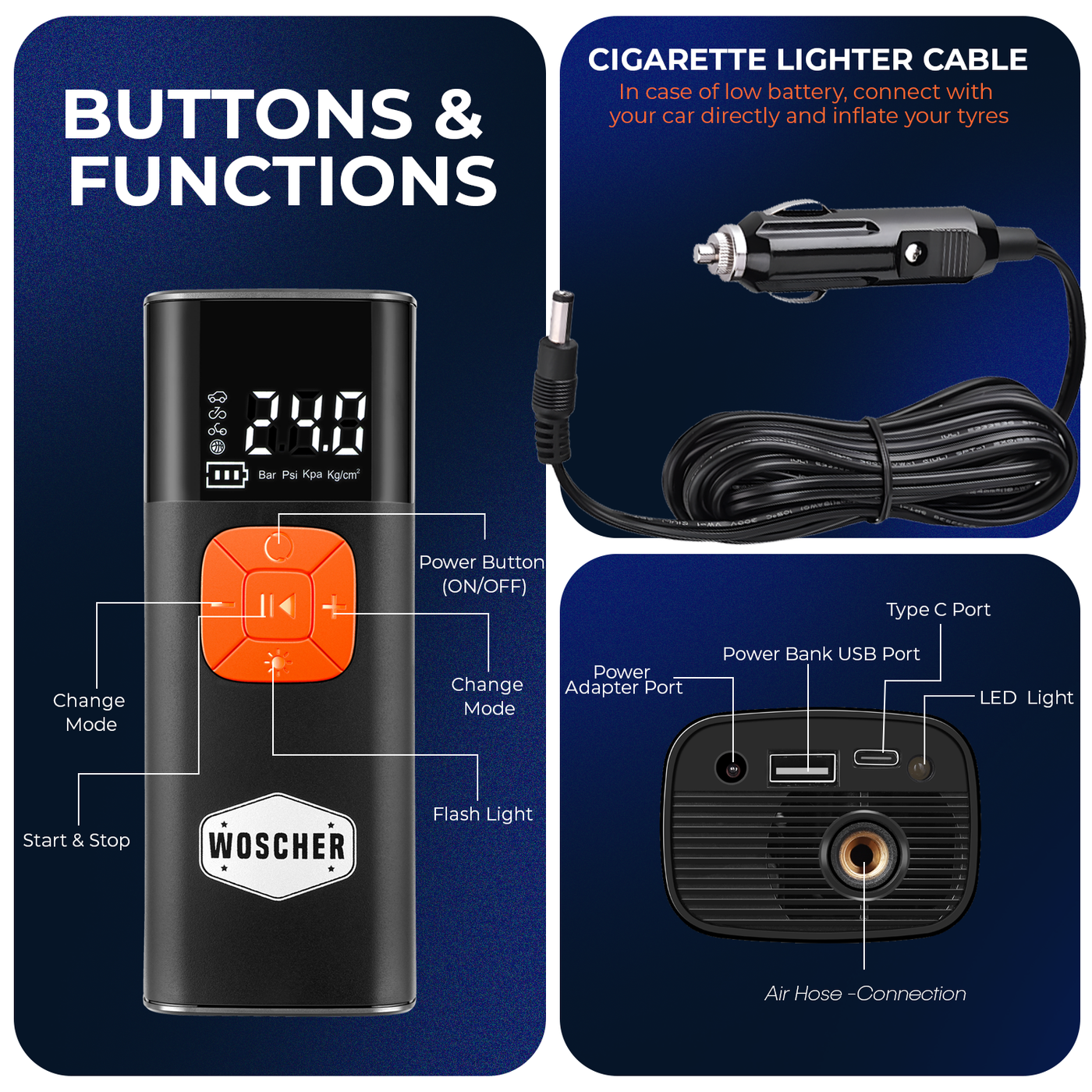 Woscher ‎i6 Tyre Portable Inflator Pump for Car & Bike