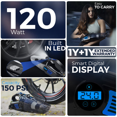 Woscher- 578M 3in1 USB Rechargeable Car Vacuum Cleaner Cordless,Tyre Inflator,150 PSI Digital Air Pump for Car Tyre|120 Watt Car Vacuum Cleaner High Power 6000PA |LED Light| Auto Shut Off