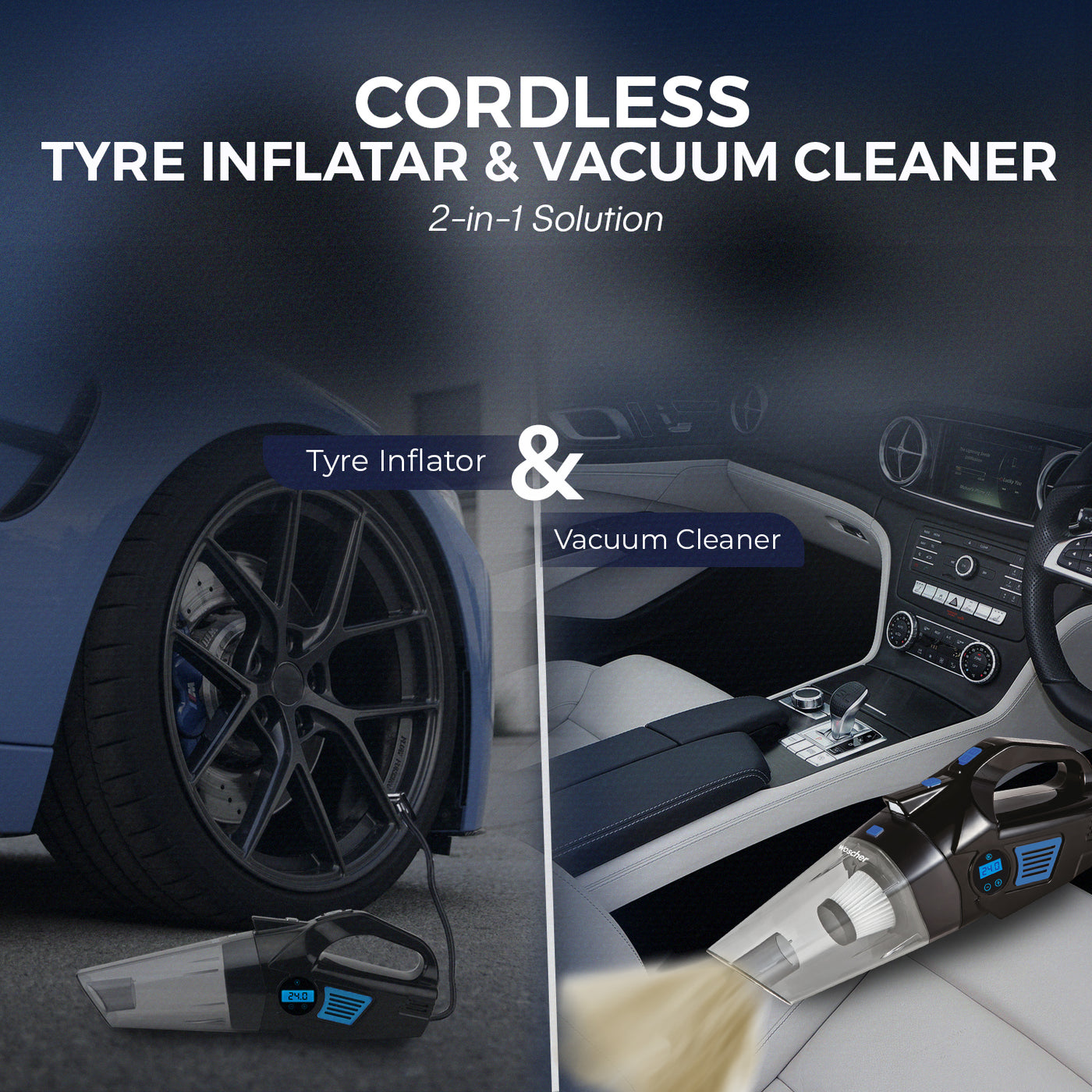 Woscher- 578M 3in1 USB Rechargeable Car Vacuum Cleaner Cordless,Tyre Inflator,150 PSI Digital Air Pump for Car Tyre|120 Watt Car Vacuum Cleaner High Power 6000PA |LED Light| Auto Shut Off