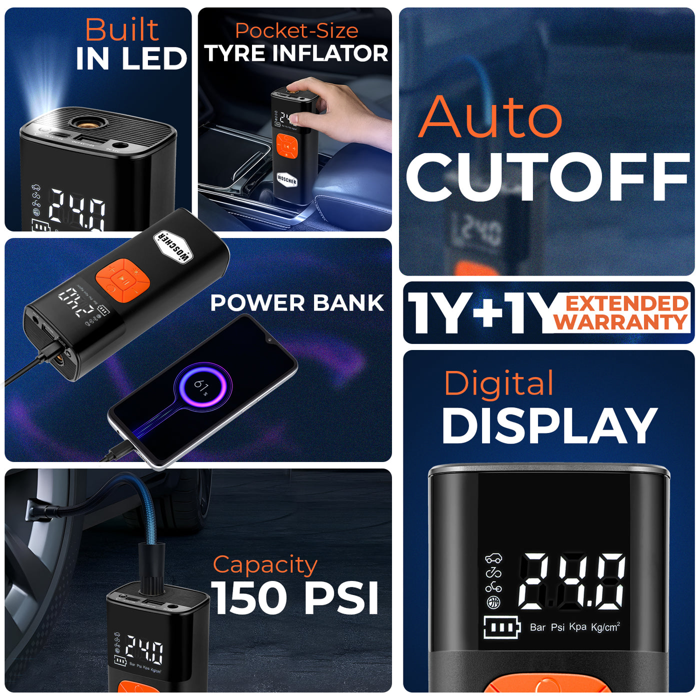 Woscher ‎i6 Tyre Portable Inflator Pump for Car & Bike