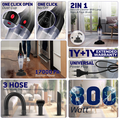 WOSCHER 908K 2in1 Vacuum Cleaner Handheld with Stick & Floor Brush