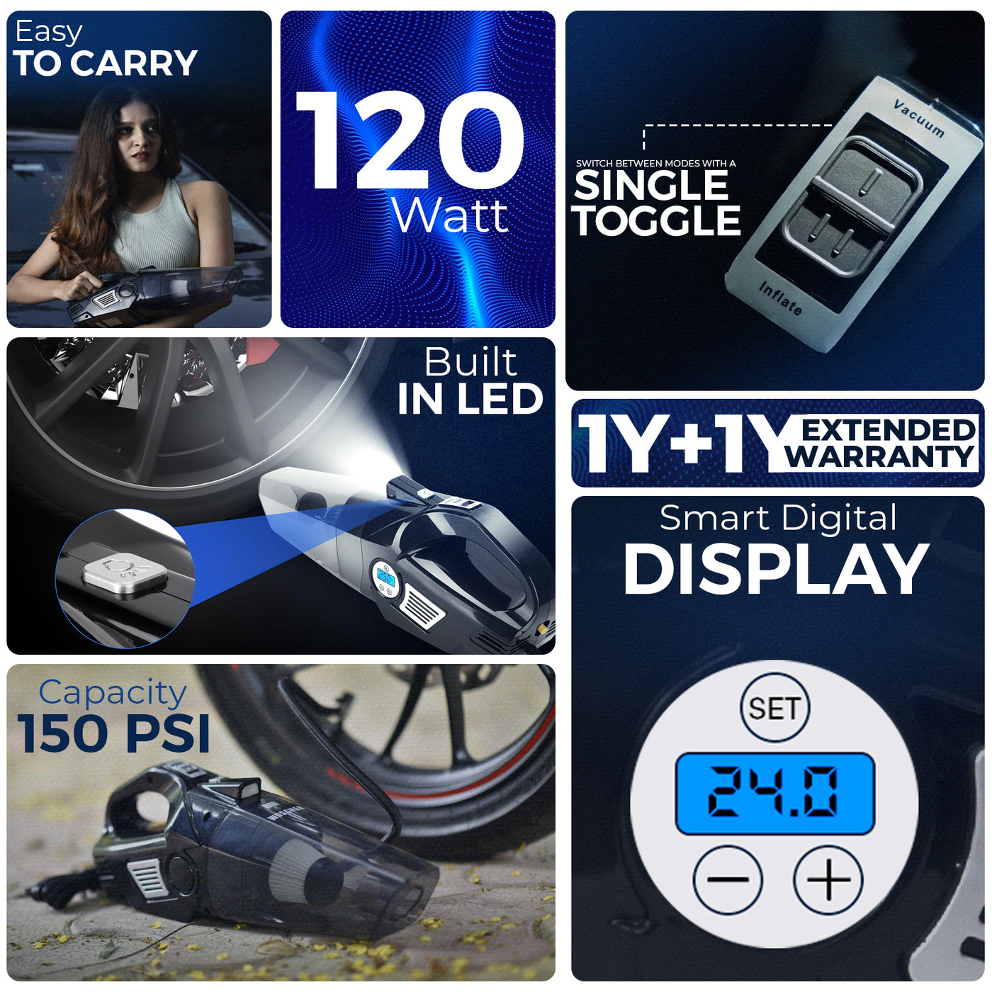 Woscher 578D 2in1 Car Tyre Inflator & Vacuum Cleaner with Digital Display