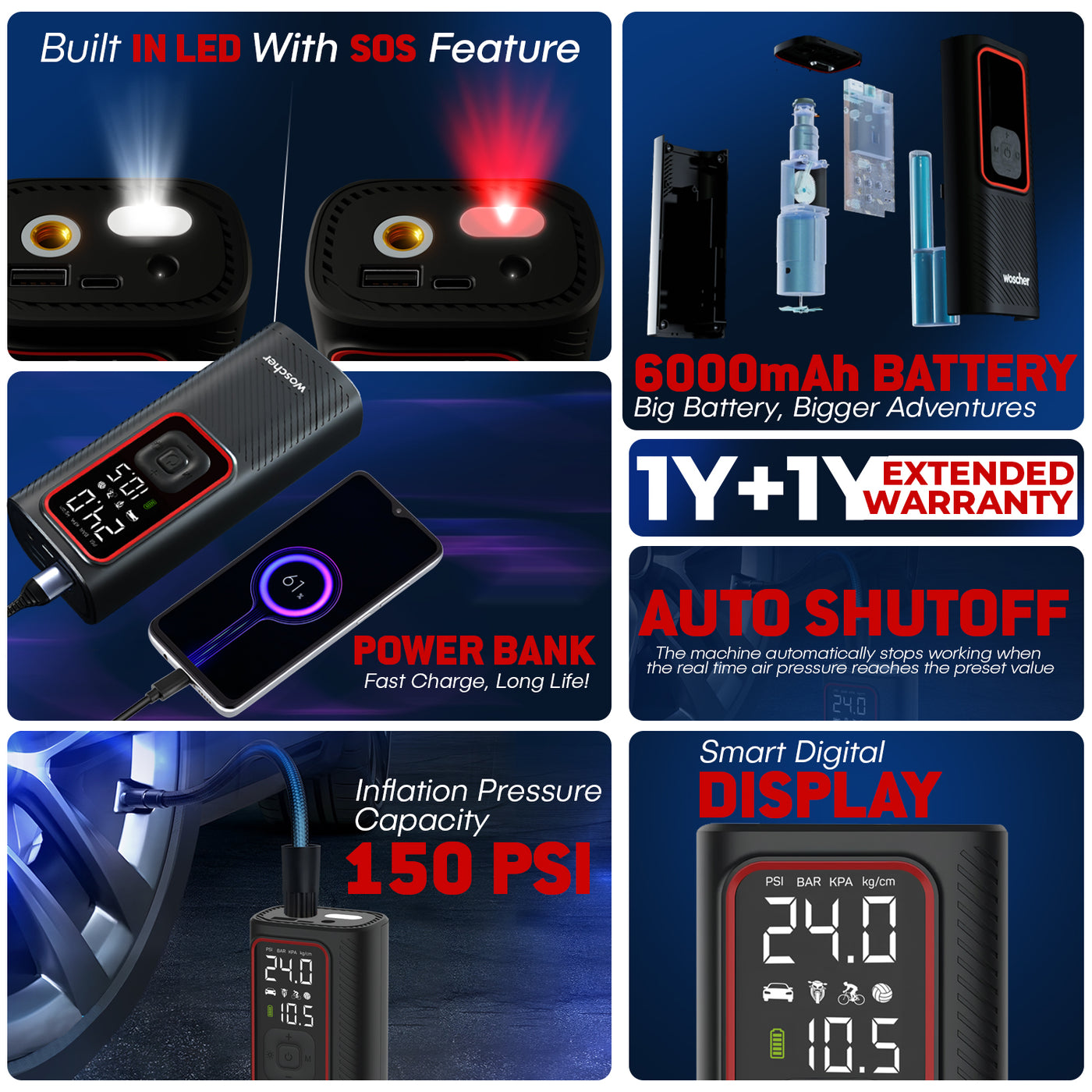 Woscher ‎iX Tyre Portable Inflator Pump for Car & Bike