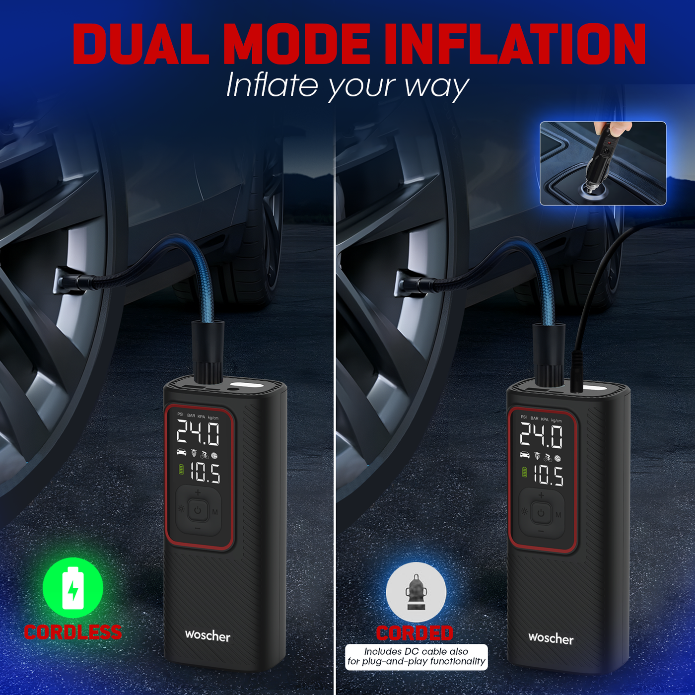 Woscher ‎iX Tyre Portable Inflator Pump for Car & Bike