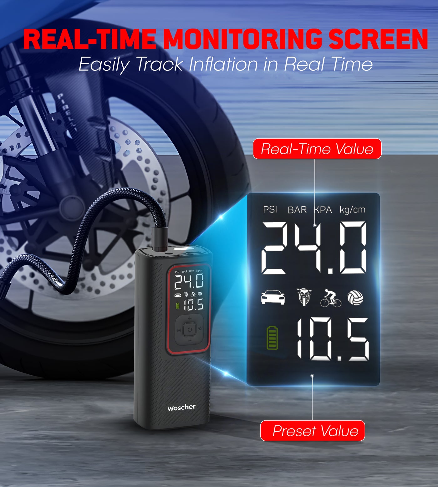 Woscher ‎iX Tyre Portable Inflator Pump for Car & Bike