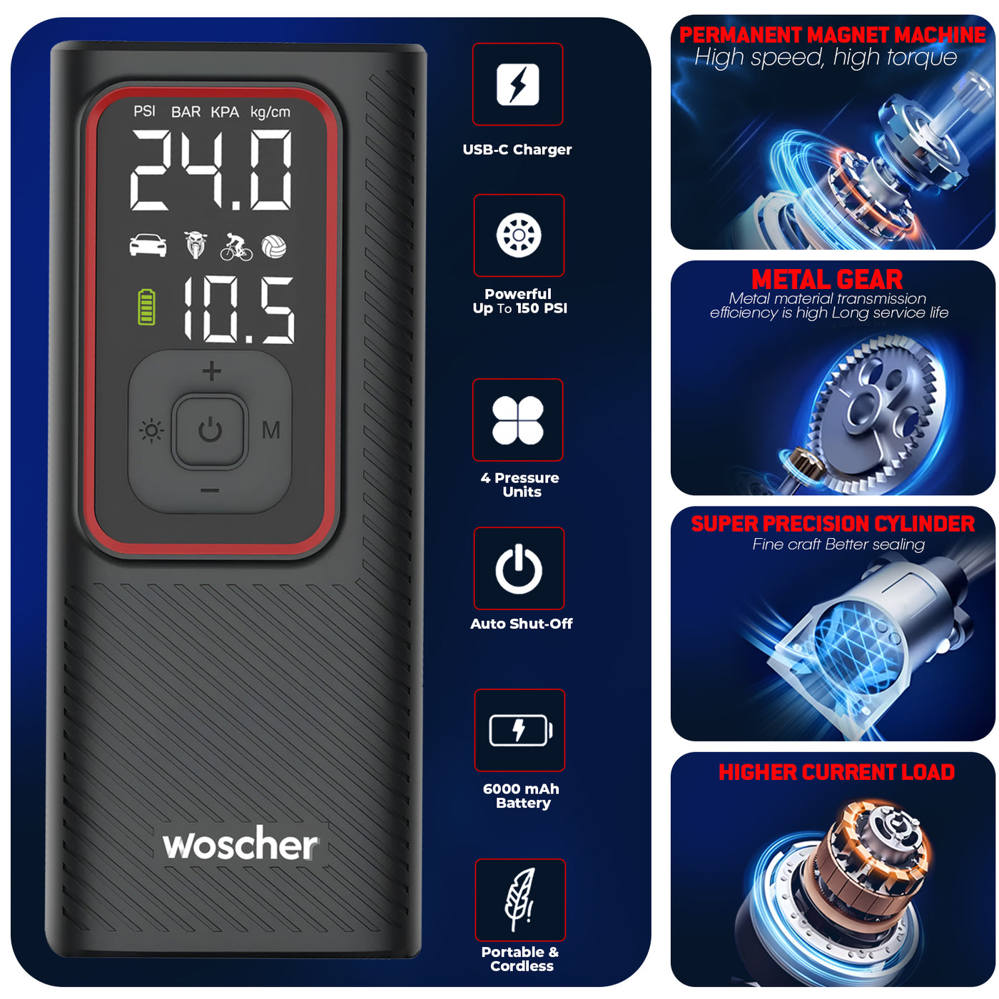 Woscher ‎iX Tyre Portable Inflator Pump for Car & Bike